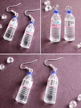 Novelty Mini Water Bottle Dangle Earrings - Blue/Clear